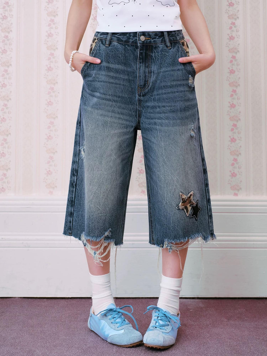 MEDM Leopard Print Star Patch Cutoff Denim Shorts | Face 3 Face