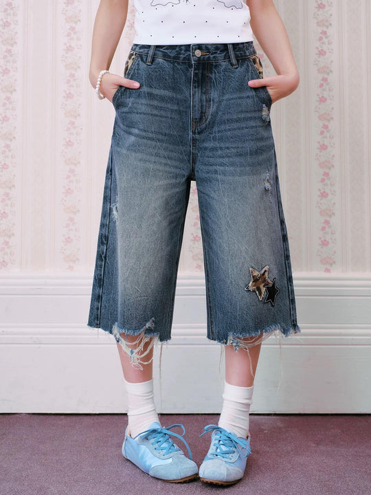 MEDM Leopard Print Star Patch Cutoff Denim Shorts | Face 3 Face