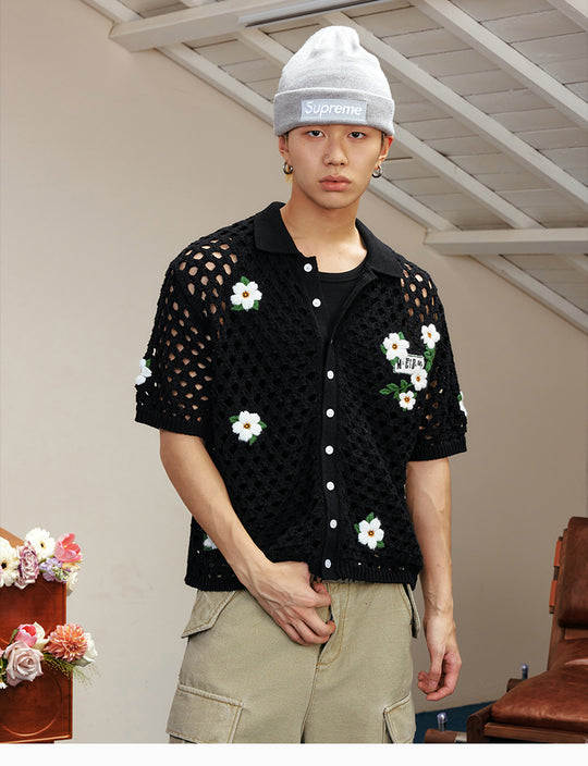 MEDM Flower Embroidery Open Knit Short Sleeve Shirt | Face 3 Face
