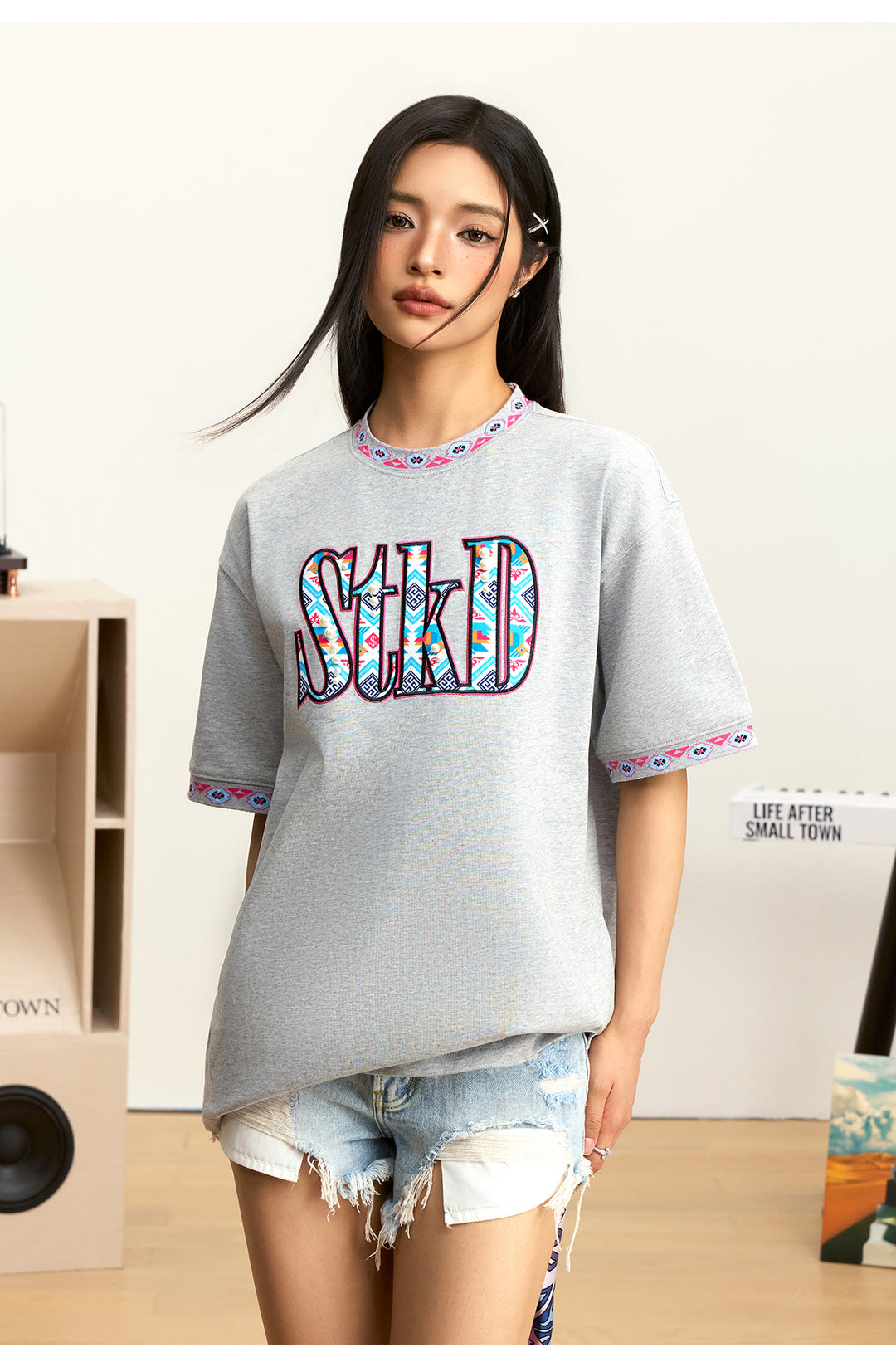 Small Town Kid STKD Embroidered Ethnic Pattern Pearl Tee | Face 3 Face