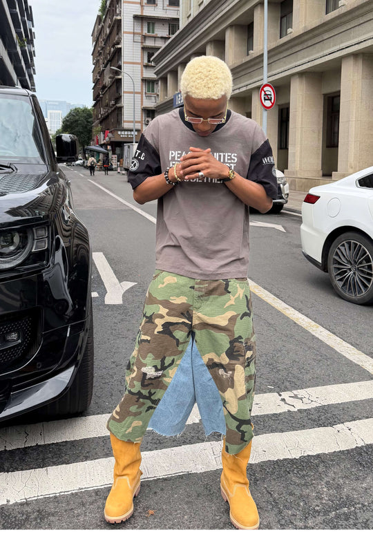 STEEPC M65 Camouflage Denim Rework Patchwork Baggy Cargo Shorts | Face 3 Face