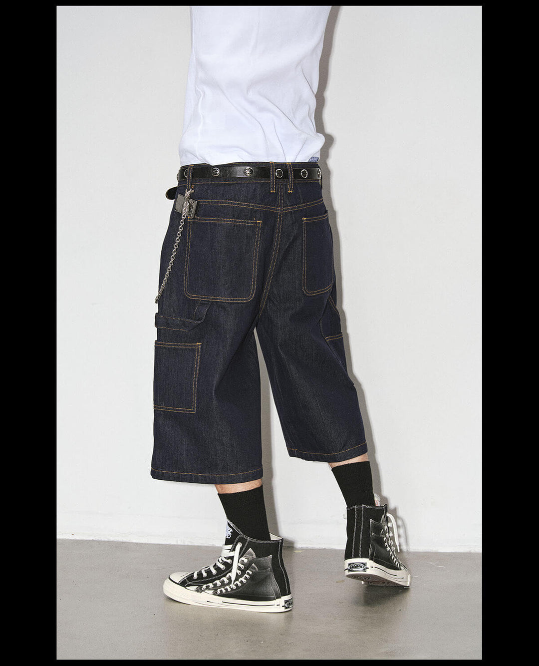 NOVACAM White Accent Line Double Knee Baggy Denim Shorts | Face 3 Face