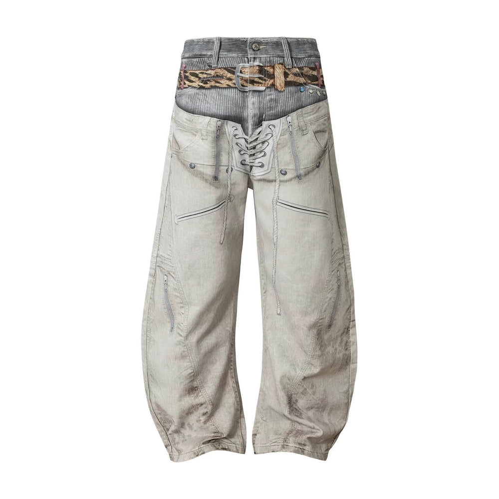 YADcrew Leopard Belt Double Waist 3D Digital Print Machete Jeans | Face 3 Face
