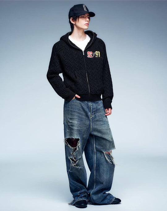 MEDM Patch Applique Zip Up Knit Hoodie | Face 3 Face