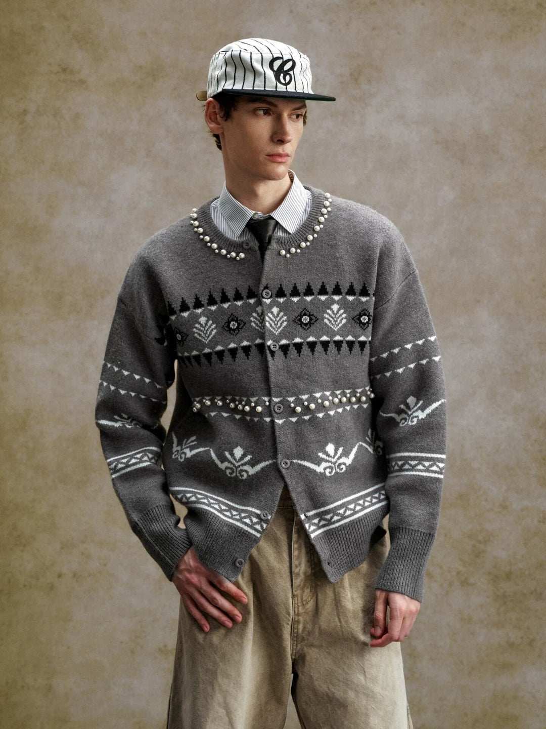 YADcrew Pearl Embellished Fair Isle Knit Crew Neck Cardigan | Face 3 Face