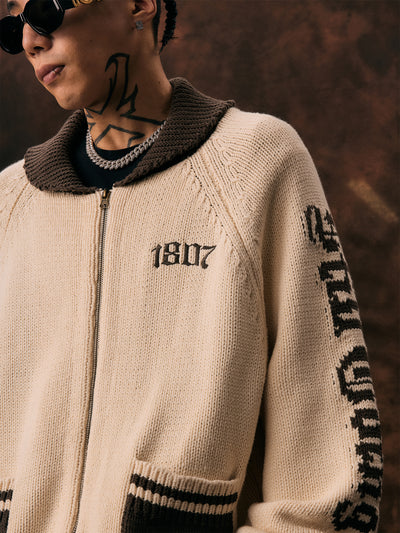 1807 Gothic Font Embroidery Zip Up Cowichan Cardigan | Face 3 Face