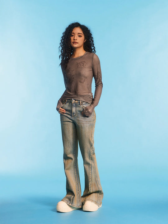 1807 Graffiti Print Mesh Slim Long Sleeve Tee | Face 3 Face