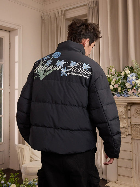 Harsh and Cruel Blue Flower Embroidery Puffer Jacket | Face 3 Face