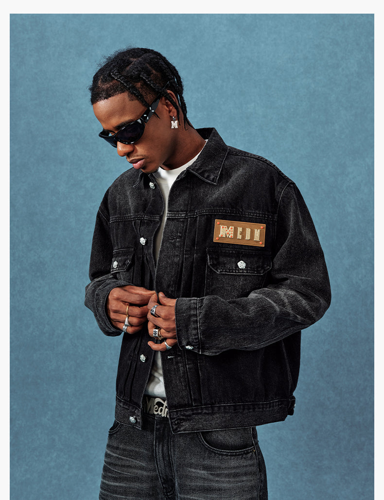 MEDM Leather Logo Washed 2nd-Type Denim Jacket | Face 3 Face