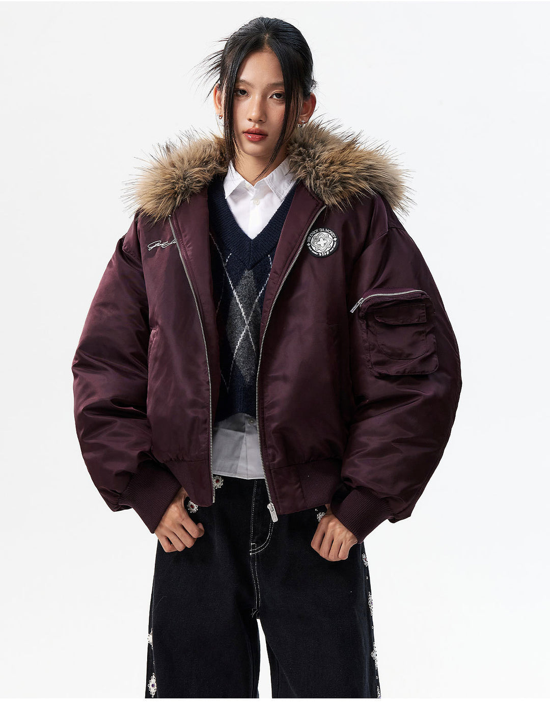 MEDM Silicone Logo Patch Fur Hooded Bomber Jacket | Face 3 Face