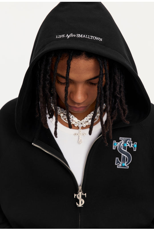 Small Town Kid Turquoise Studded Badge Embroidered Zip-Up Hoodie | Face 3 Face