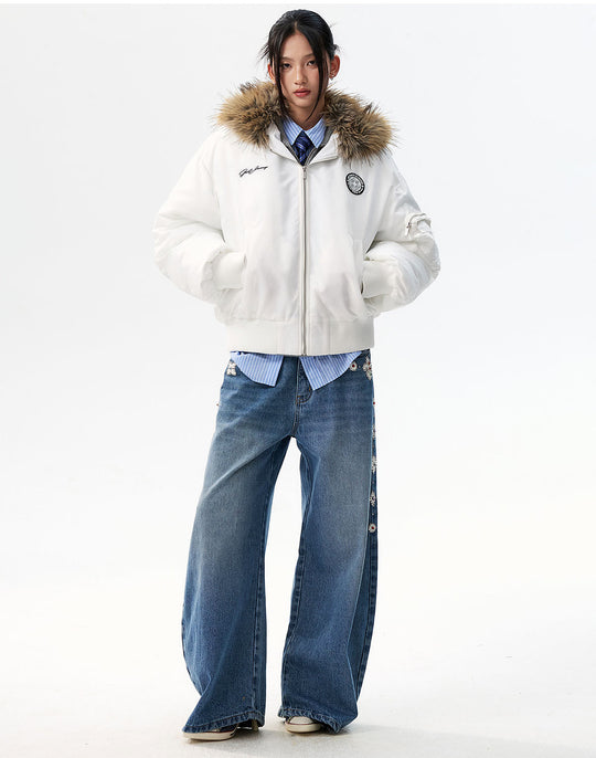 MEDM Silicone Logo Patch Fur Hooded Bomber Jacket | Face 3 Face