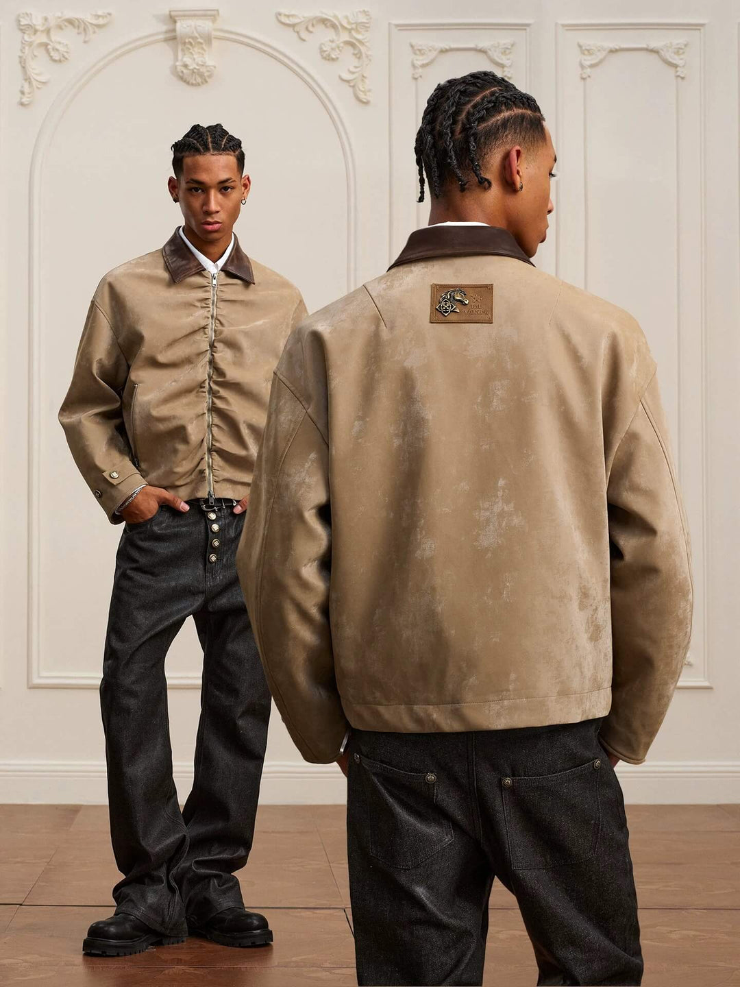 YADcrew Pleated Front Velvet PU Leather Jacket | Face 3 Face