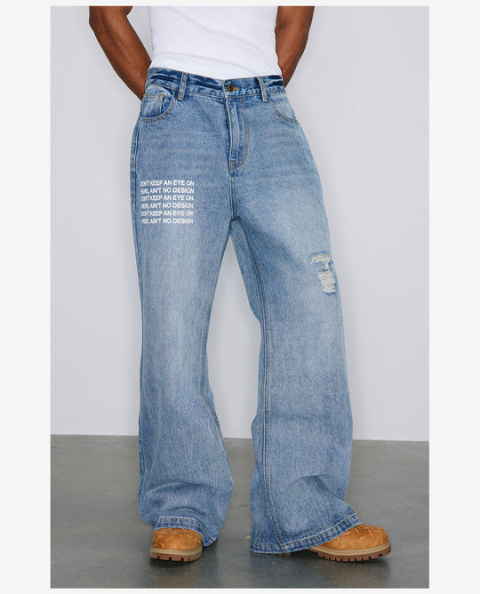 NOVACAM Washed Distressed Print Flared Jeans | Face 3 Face