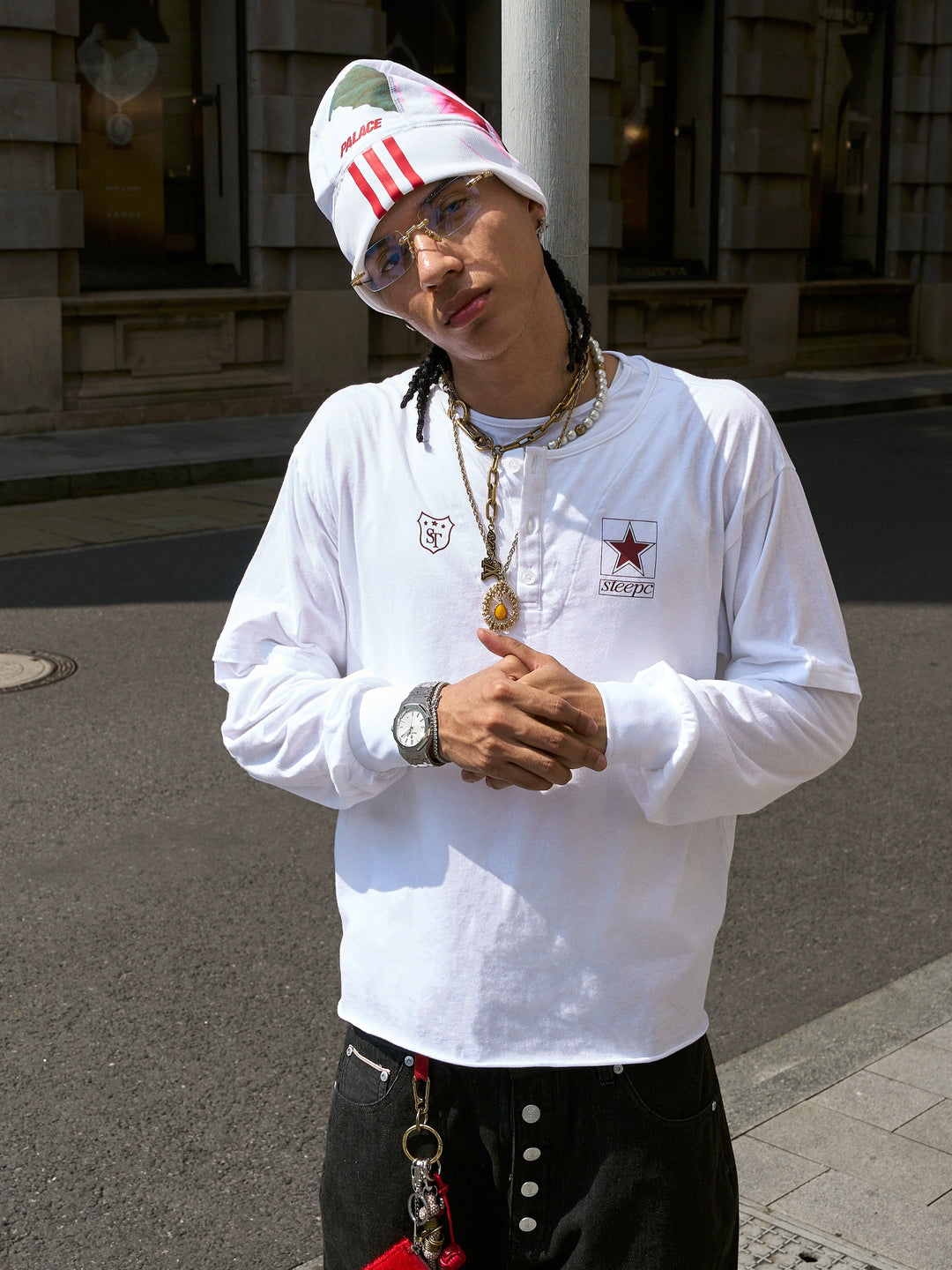 STEEPC Pearl Star Layered Henley Neck Long Sleeve Tee | Face 3 Face