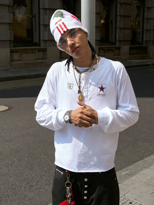 STEEPC Pearl Star Layered Henley Neck Long Sleeve Tee | Face 3 Face