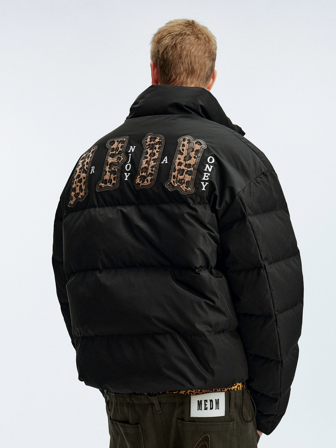 MEDM Leopard Collar Logo Patch Down Jacket | Face 3 Face