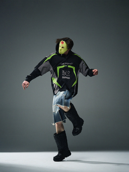 BLIND NO PLAN Colorblocked Racing Heavy Embroidery Short Sleeve Shirt | Face 3 Face