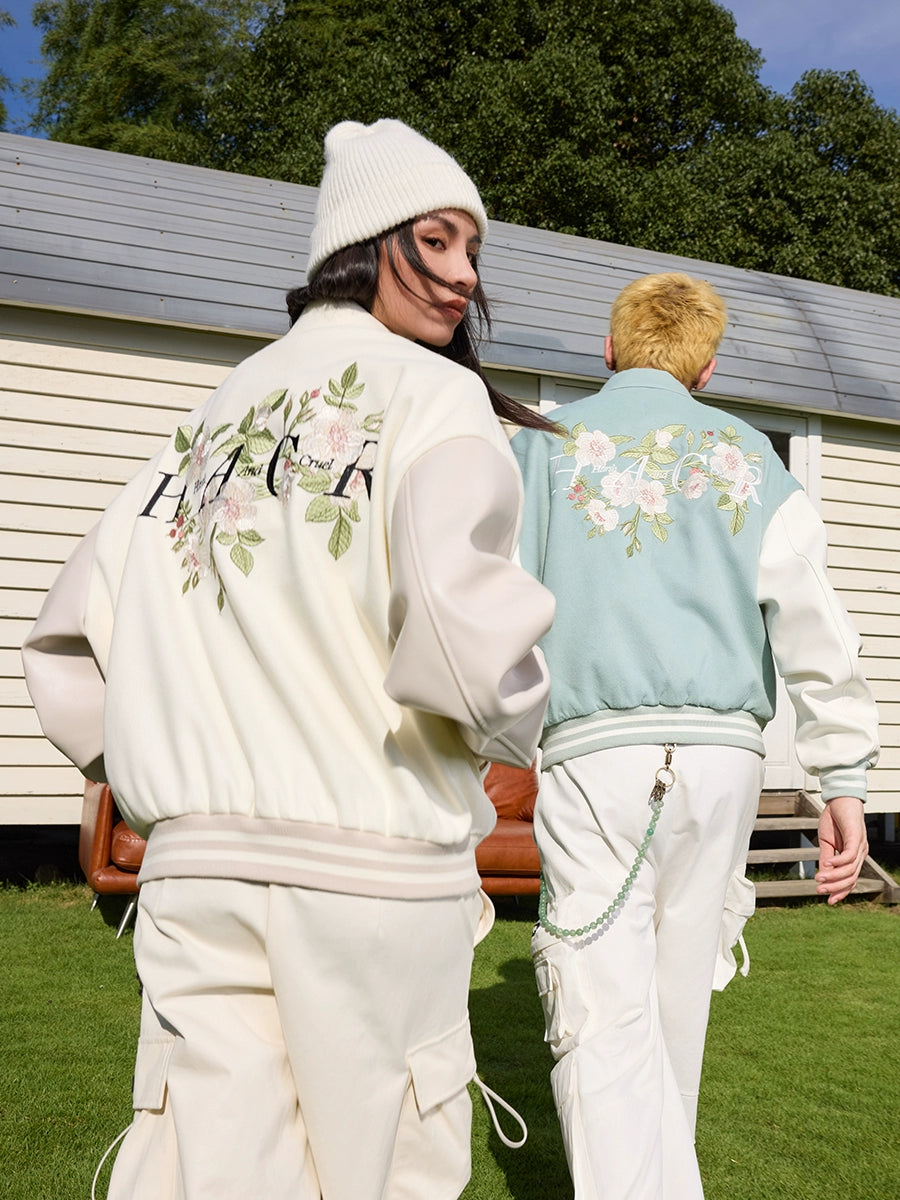 Harsh and Cruel Floral Embroidered Script Baseball Jacket | Face 3 Face