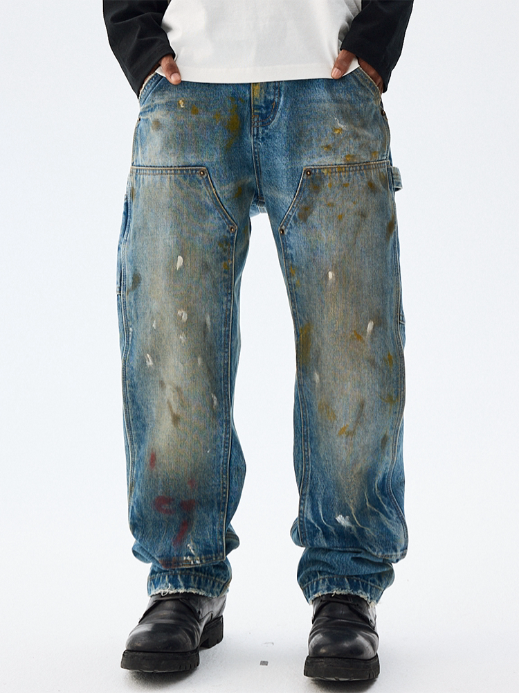 MEDM Dirty Washed and Painted Double Knee Jeans | Face 3 Face