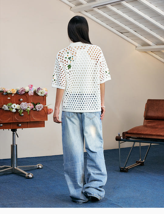 MEDM Flower Embroidery Open Knit Short Sleeve Shirt | Face 3 Face