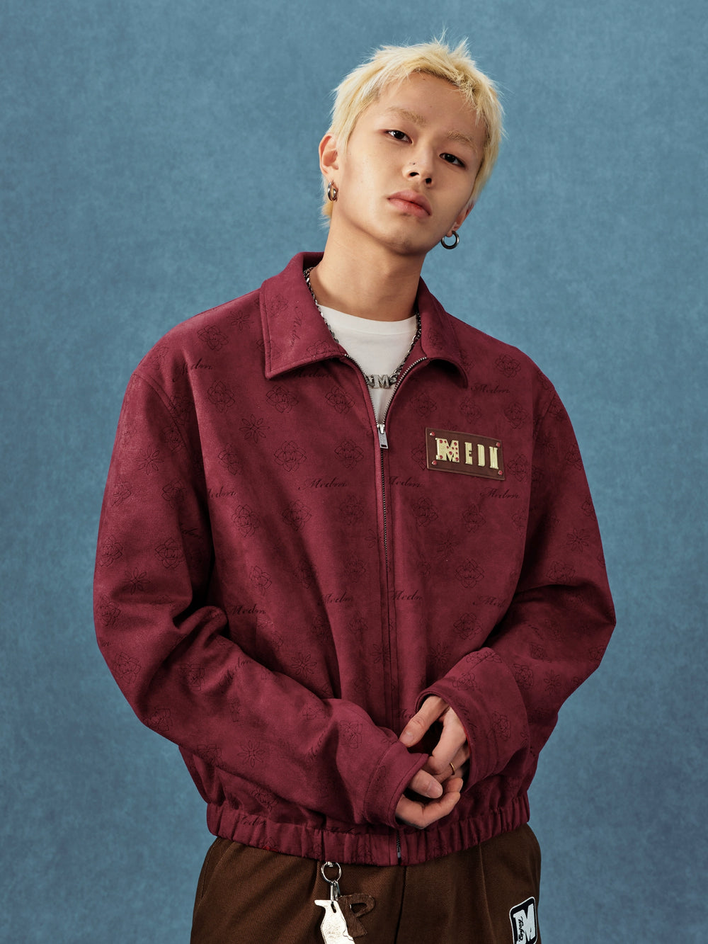 MEDM Leather Logo All-Over Monogram Suede Jacket | Face 3 Face