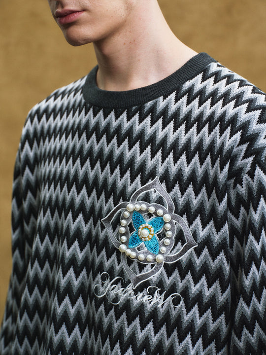 YADcrew Sequin Cross Flower Wave Pattern Knit Sweater | Face 3 Face