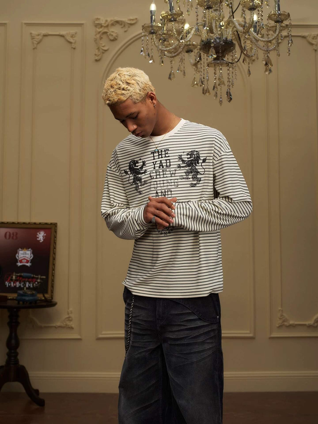 YADcrew Vintage Lion Print Striped Long Sleeve Tee | Face 3 Face