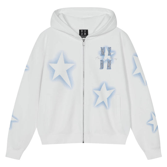 MEDM Spray Star Print Rhinestone Logo Zip Up Hoodie | Face 3 Face
