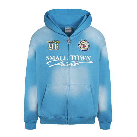 Small Town Kid Washed Badge Letter Printed Zip-Up Hoodie | Face 3 Face