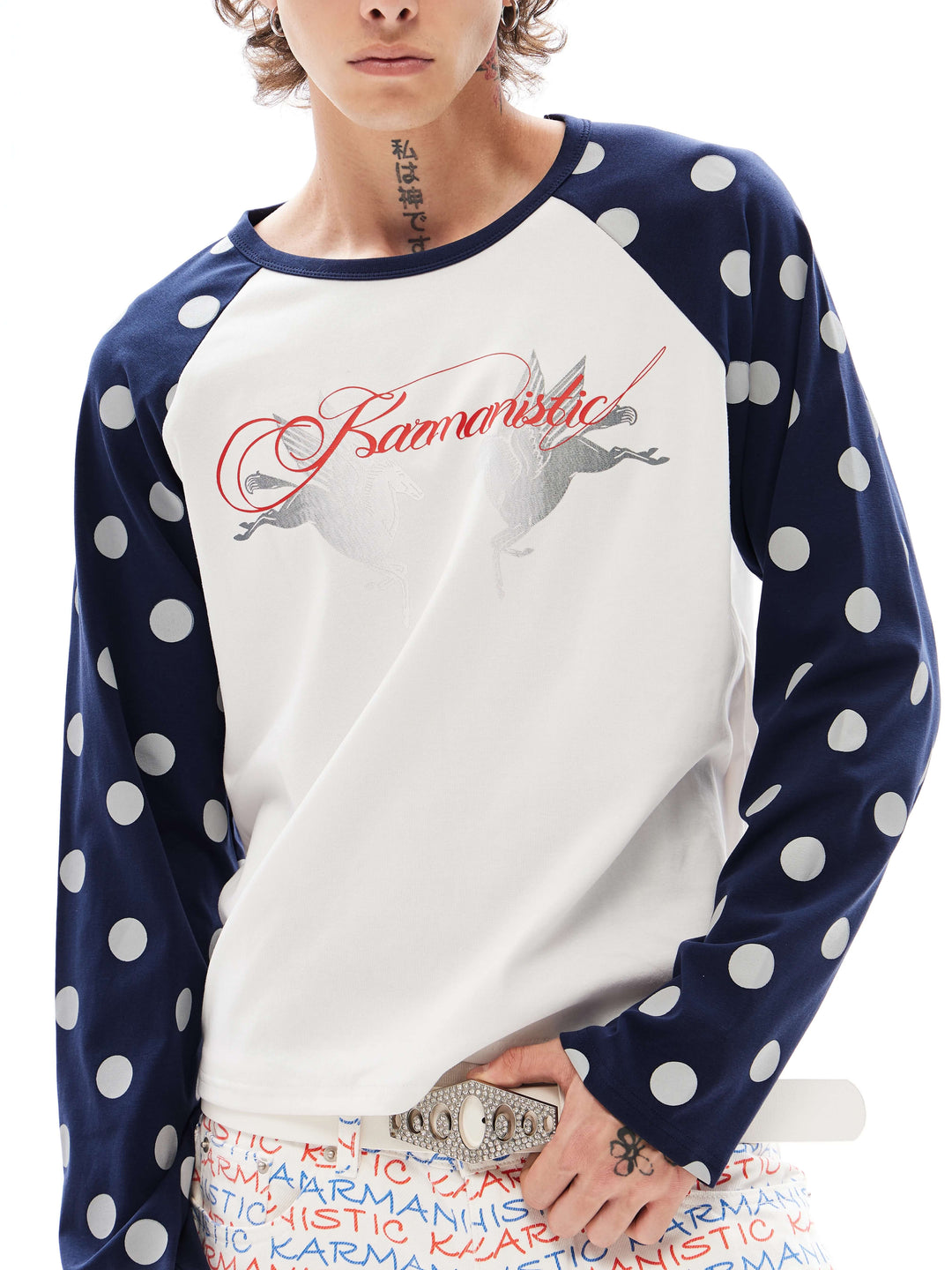 KARMANISTIC Pegasus Print Dot Sleeve Raglan Long Sleeve Tee | Face 3 Face
