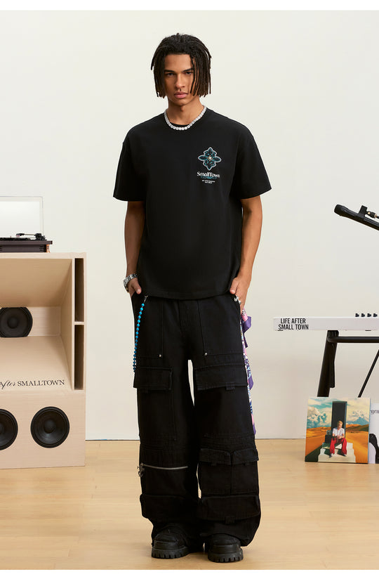 Small Town Kid Cross Pearl Sequin Beaded Embroidery Tee | Face 3 Face