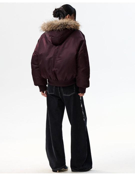 MEDM Silicone Logo Patch Fur Hooded Bomber Jacket | Face 3 Face