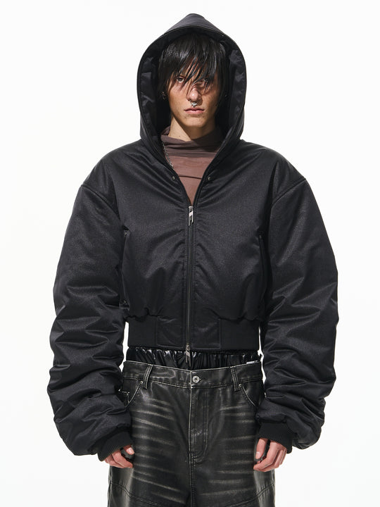 BLIND NO PLAN Leather Patch Studded Hooded Short Bomber Jacket | Face 3 Face