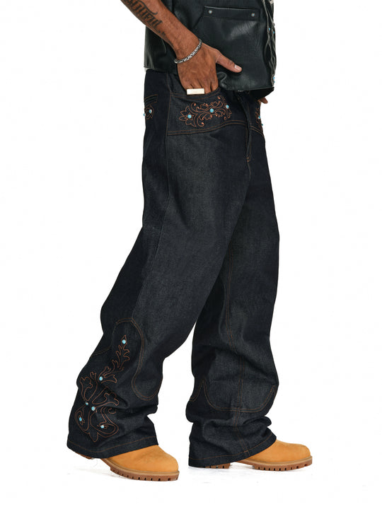 ANTIDOTE Turquoise Studded Embroidered Western Jeans | Face 3 Face