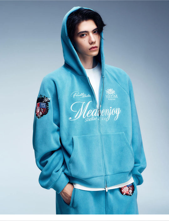 MEDM Rose Embroidered Patch Zip Up Fleece Hoodie | Face 3 Face