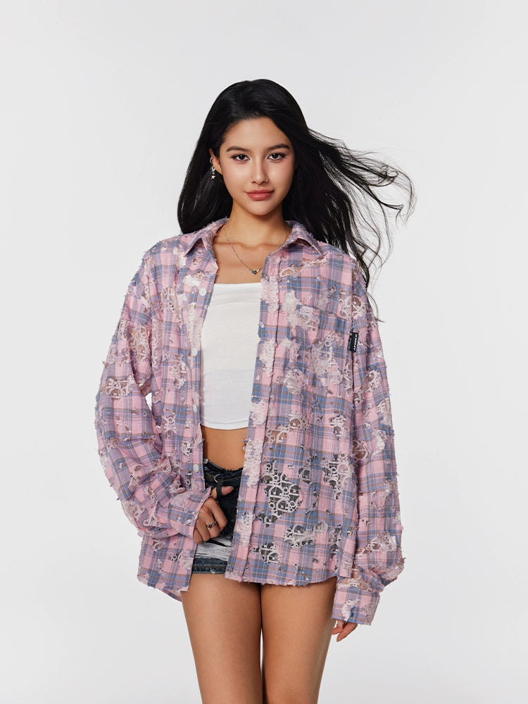 Achock Holes Lace Patches Plaid Long Sleeved Shirt | Face 3 Face