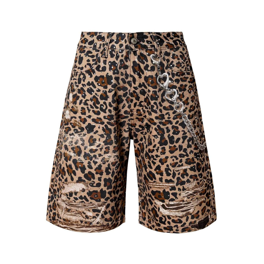 YADcrew Leopard Digital Print All Over Rhinestone Baggy Shorts | Face 3 Face