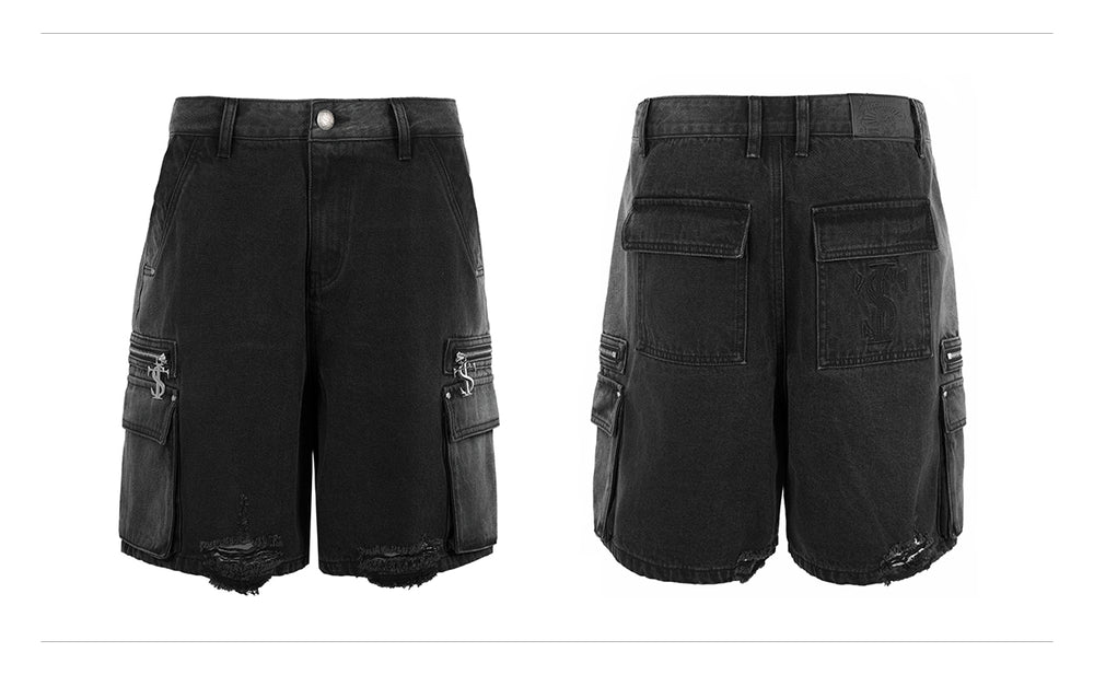 Small Town Kid Rivets Washed Denim Utility Cargo Shorts | Face 3 Face