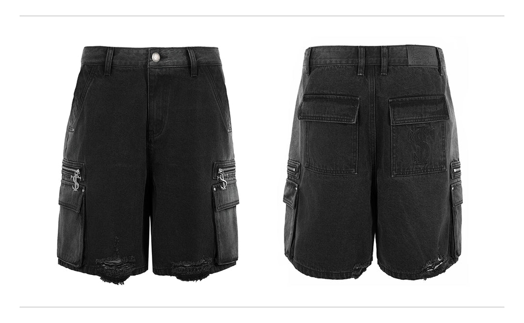 Small Town Kid Rivets Washed Denim Utility Cargo Shorts | Face 3 Face
