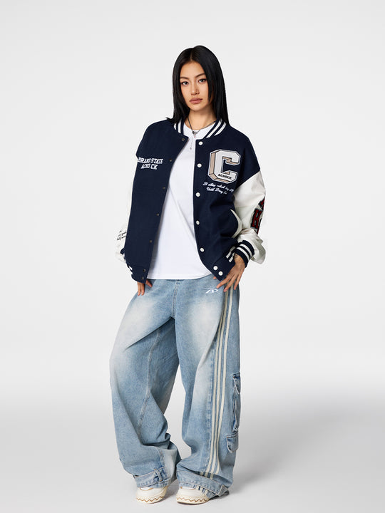 Racer varsity jacket | Achock College Embroidery Navy Blue Varsity Jacket | Face 3 Face