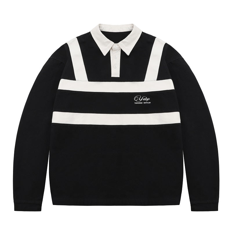 YADcrew x BIPOLAR Embroidered Long Sleeve Patchwork Polo Shirt