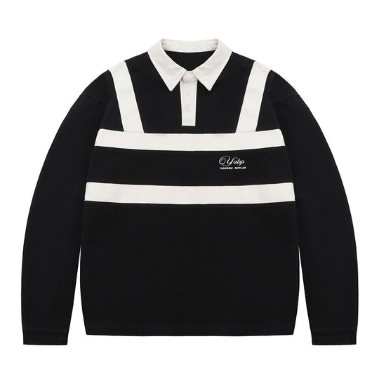 YADcrew x BIPOLAR Embroidered Long Sleeve Patchwork Polo Shirt