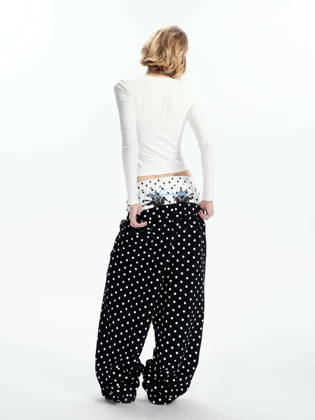 KARMANISTIC Color Block All Over Dot Print Double Waist Baggy Sweatpants | Face 3 Face