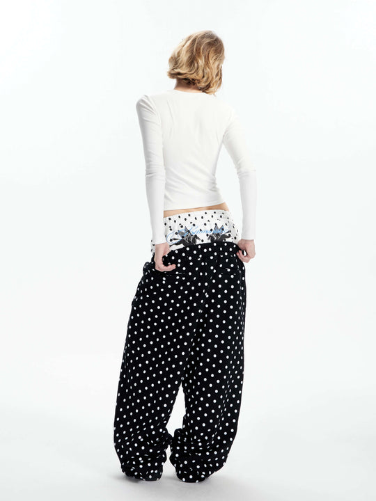 KARMANISTIC Color Block All Over Dot Print Double Waist Baggy Sweatpants | Face 3 Face
