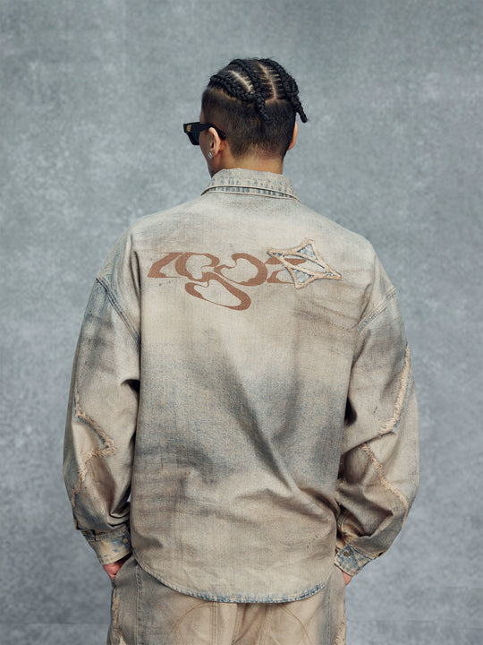 1807 Rust Aged Digital Print Denim Long Sleeve Shirt | Face 3 Face