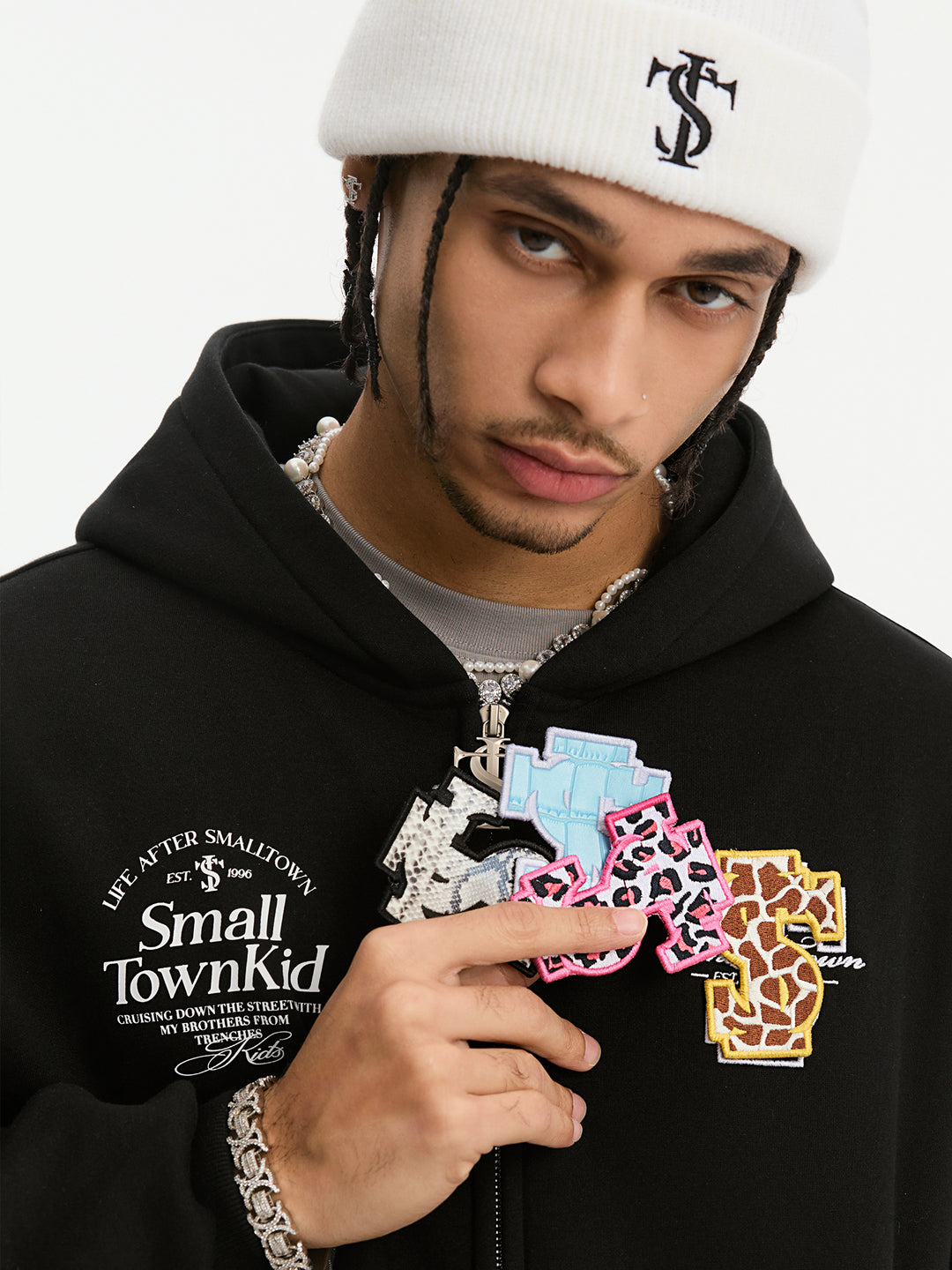 Small Town Kid Animal Textured Logo Velcro Zip-Up Hoodie | Face 3 Face