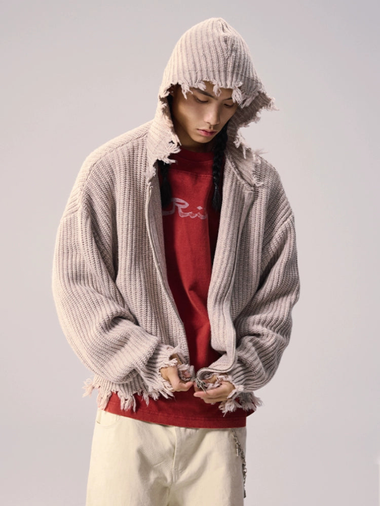 Remedy Distressed Hooded Zipper Knit Cardigan | Face 3 Face