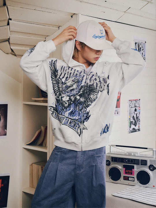 MEDM Skeleton Angel Graphic Print Distressed Zip Up Hoodie | Face 3 Face