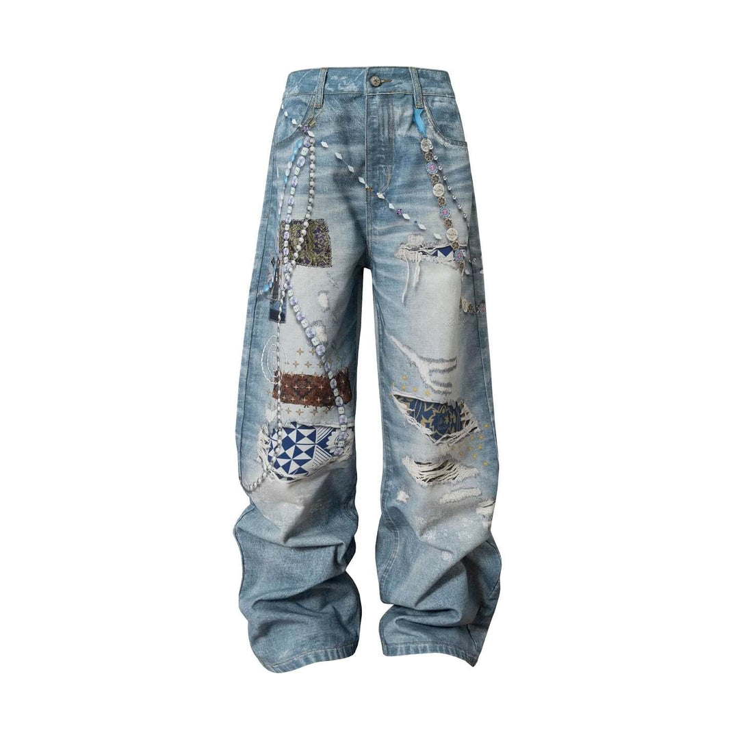 YADcrew x MEDM 3D Cloth Patch Chain Distressed Digital Print Jeans | Face 3 Face